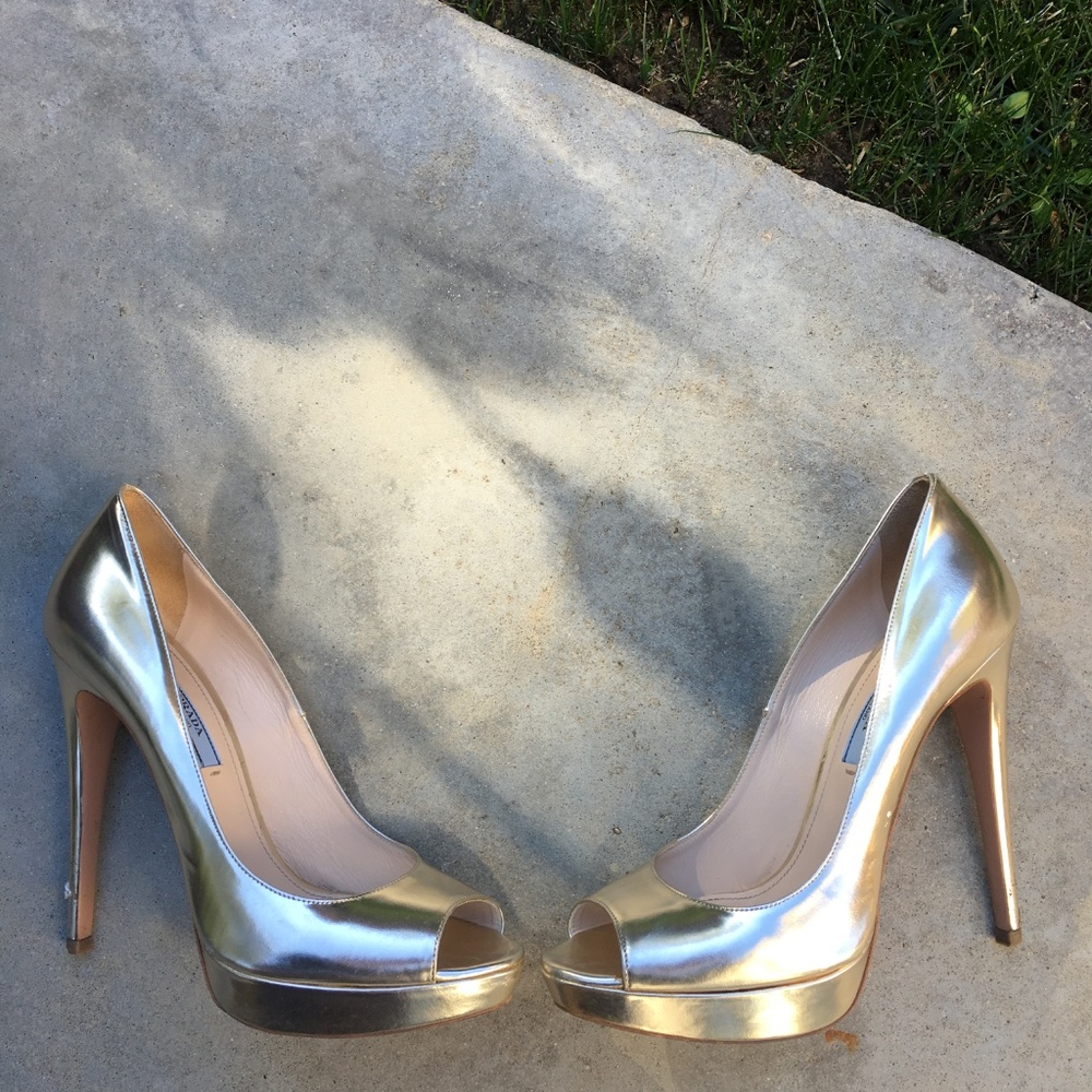 Prada White-Gold Peep Toe Pumps